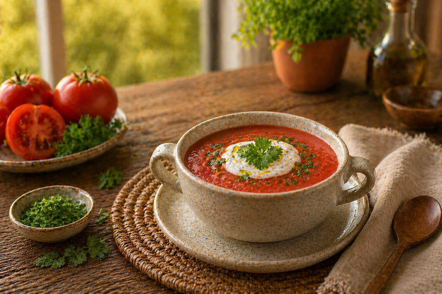 Gazpacho de tomate con crema de coco VegganWay y perejil fresco, junto a tomates frescos