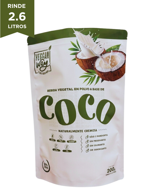 Doypack de bebida vegetal de coco en polvo VegganWay de 200g, rinde 2.6 litros, 97% coco natural
