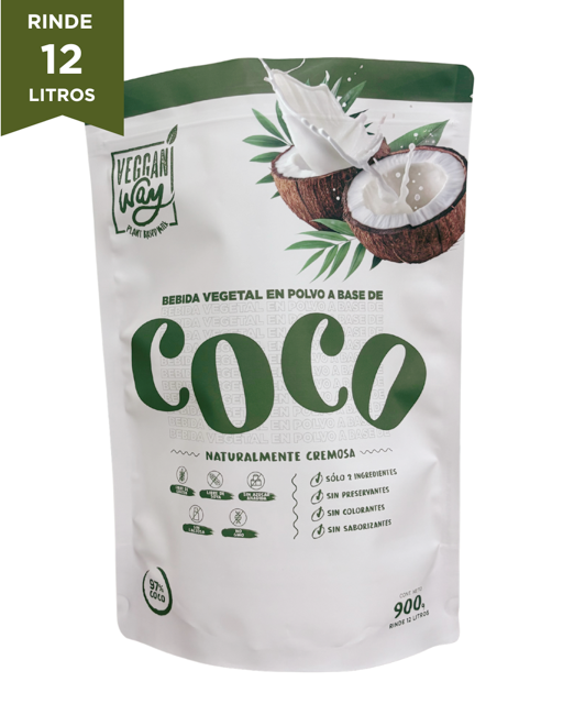 Bolsa de bebida vegetal de coco en polvo VegganWay de 900g, rinde 12 litros, 97% coco natural
