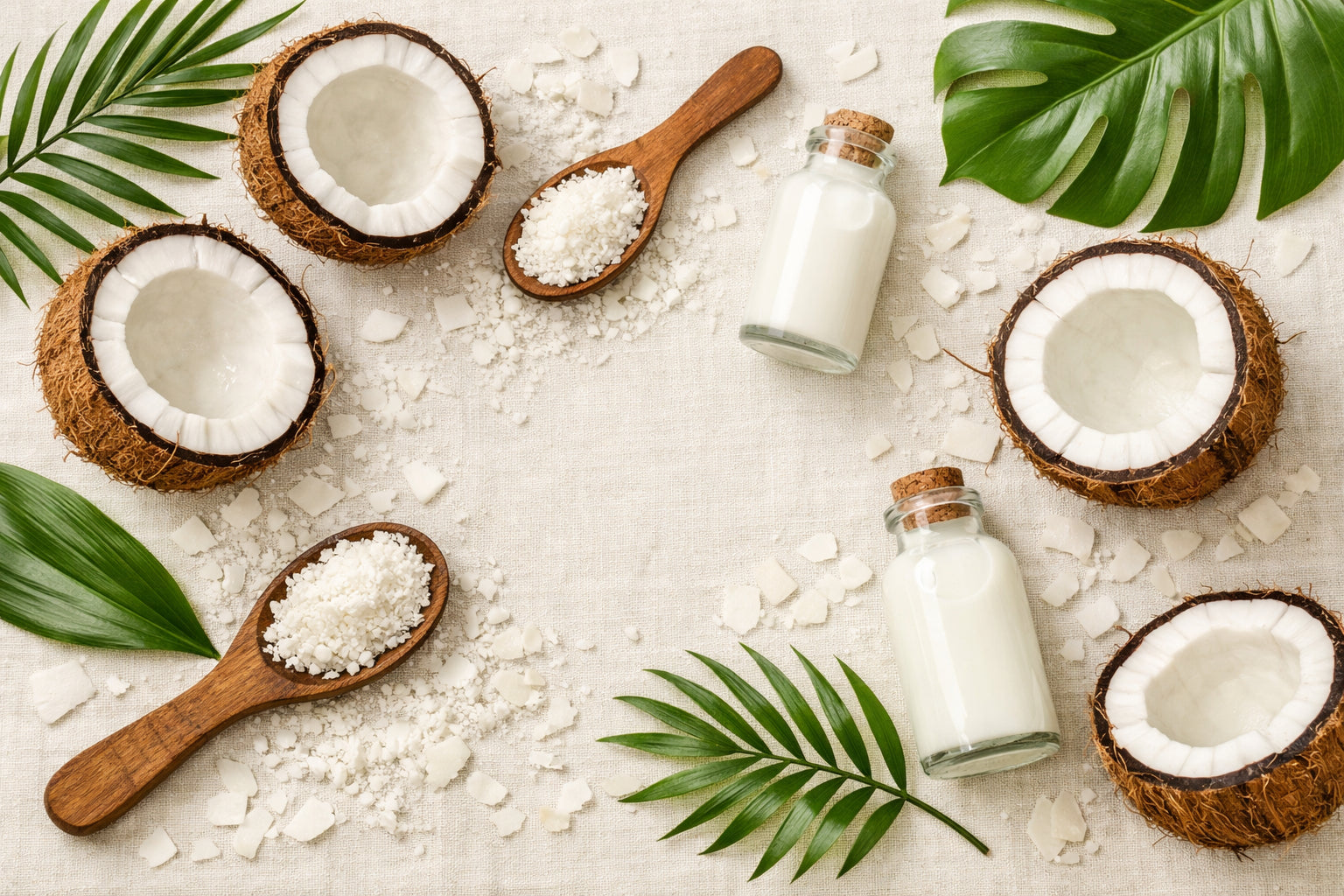 Composición de cocos frescos partidos, ralladura de coco en cucharas de madera y botellas de leche de coco, ilustrando los beneficios de la leche de coco en polvo