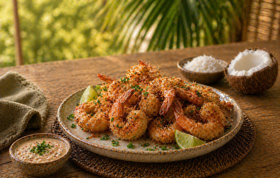 Camarones rebozados en coco rallado, servidos con limón y salsa para dip, receta con bebida de coco en polvo