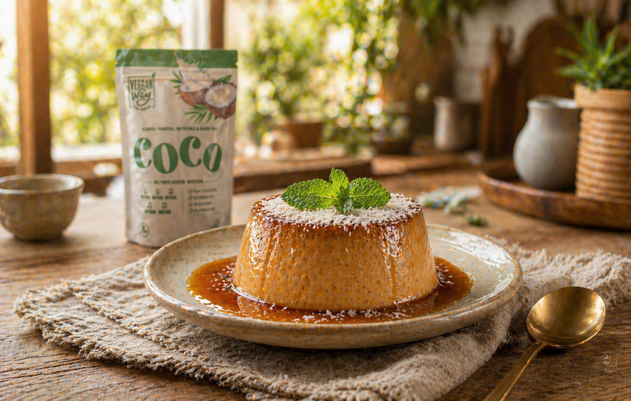 Flan Vegano con caramelo receta con leche de coco VegganWay, decorado con coco rallado y menta, junto a la bolsa del producto