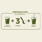 Infografía de preparación: 1 vaso de agua (200 ml) más 3 medidas de bebida de coco en polvo VegganWay, revolver y disfrutar