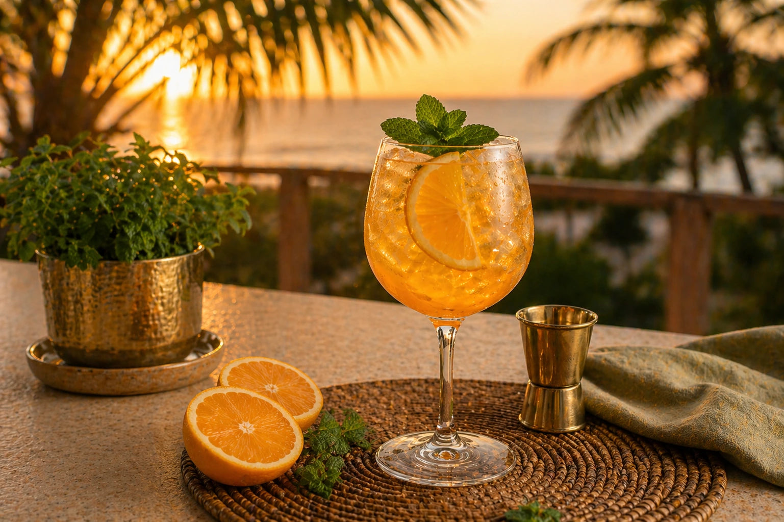 Passion Spritz, cóctel preparado con VegganWay, decorado con naranja y menta, junto a naranjas frescas frente a un atardecer en la playa