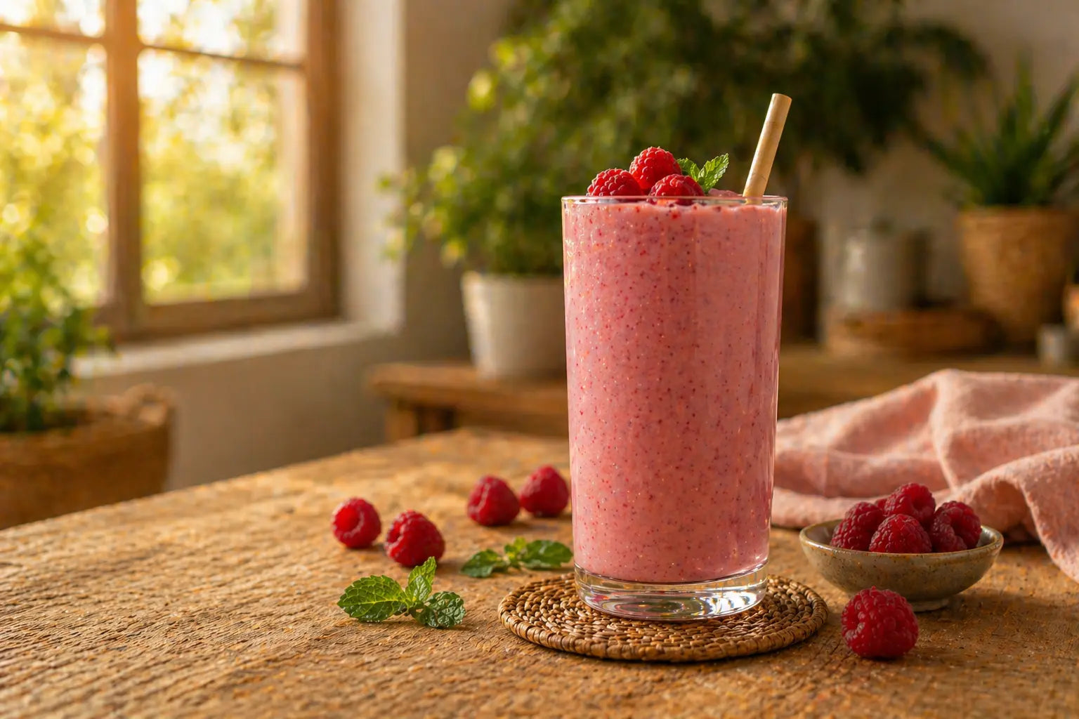 Smoothie de frambuesa con leche de coco VegganWay, decorado con frambuesas frescas y menta
