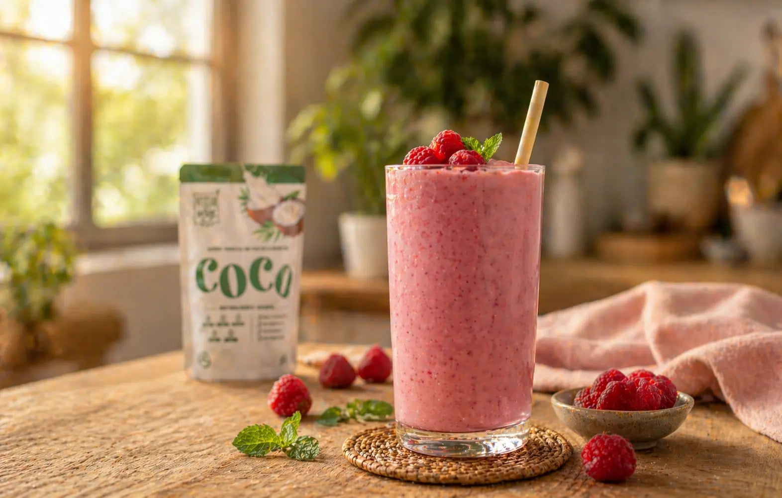 Smoothie de frambuesa con leche de coco VegganWay, decorado con frambuesas frescas y menta, junto al doypack del producto