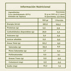 Tabla de información nutricional de bebida de coco en polvo VegganWay 200g: 97% coco deshidratado, 102 kcal por porción de 15g, sin azúcar añadida