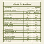 Tabla de información nutricional de bebida de coco en polvo VegganWay 900g: 97% coco deshidratado, 102 kcal por porción de 15g, sin azúcar añadida